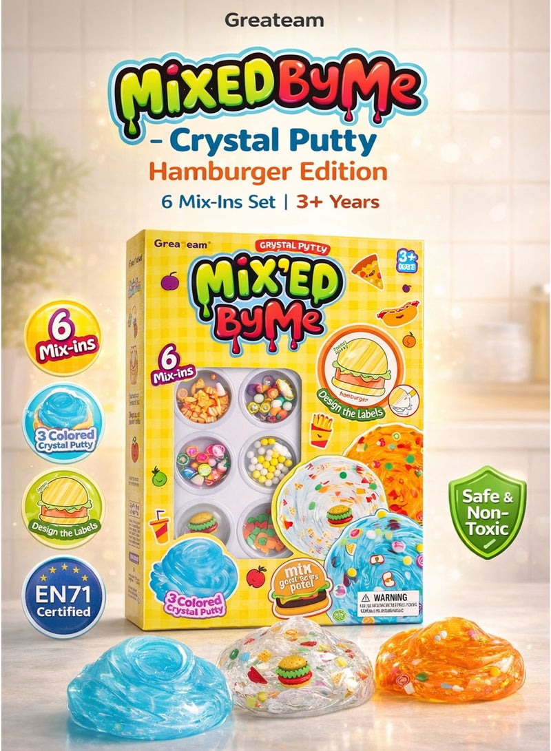 GreaTeam Mixed By Me Crystal Putty Hamburger Edition – 6 Mix-Ins DIY Slime Making Kit for Kids – 3 Colored Crystal Putty in Pot 88–90G – Clear Blue Orange Stretchy Squishy Transparent Slime with Food-Themed Accessories – Mix Your Own Putty – Sensory Fidget Toy for Boys & Girls – EN71 Certified Non-Toxic Safe Educational Creative Toy for Age 3+ - Image 1